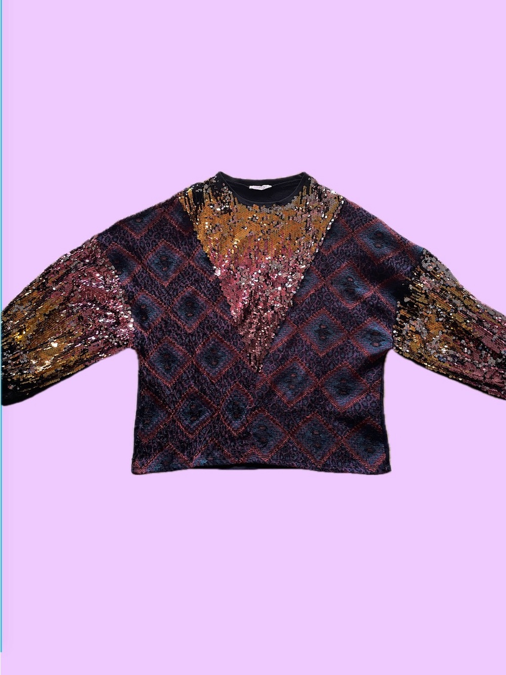 Zara Sequin Patchwork Pullover Sweater in Black, Gold & Burgundy